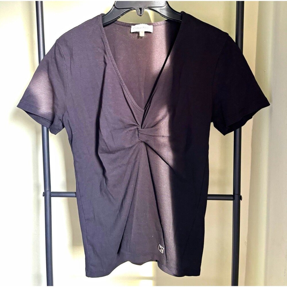 Calvin Klein Women’s Black Knit V-Neck Knot Front Short Sleeve T-Shirt Size S